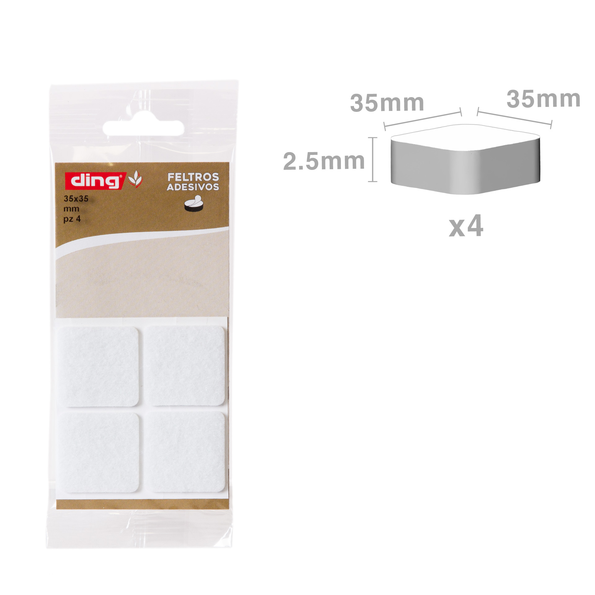 Feltro Adesivo Quadrado Branco 35X35X2.5mm Pack 4