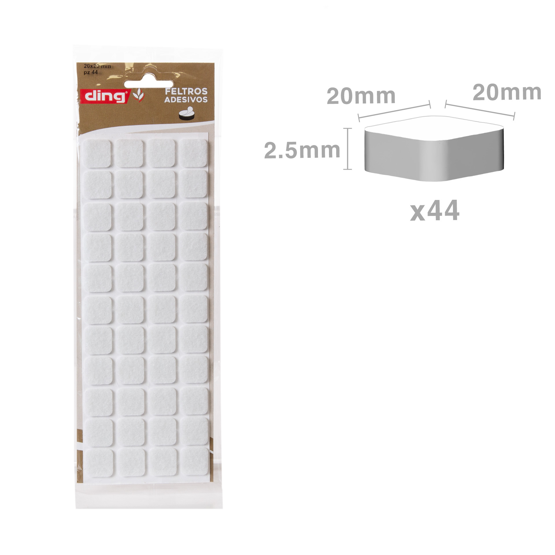 Feltro Adesivo Quadrado Branco 20X20X3mm Pack 44