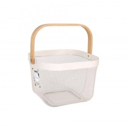 Cesto Metal Asa Madeira Quadrado 25X25X18cm