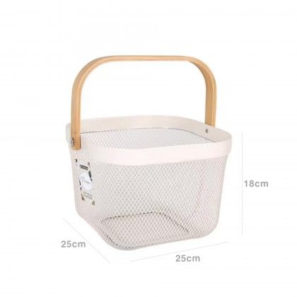 Cesto Metal Asa Madeira Quadrado 25X25X18cm