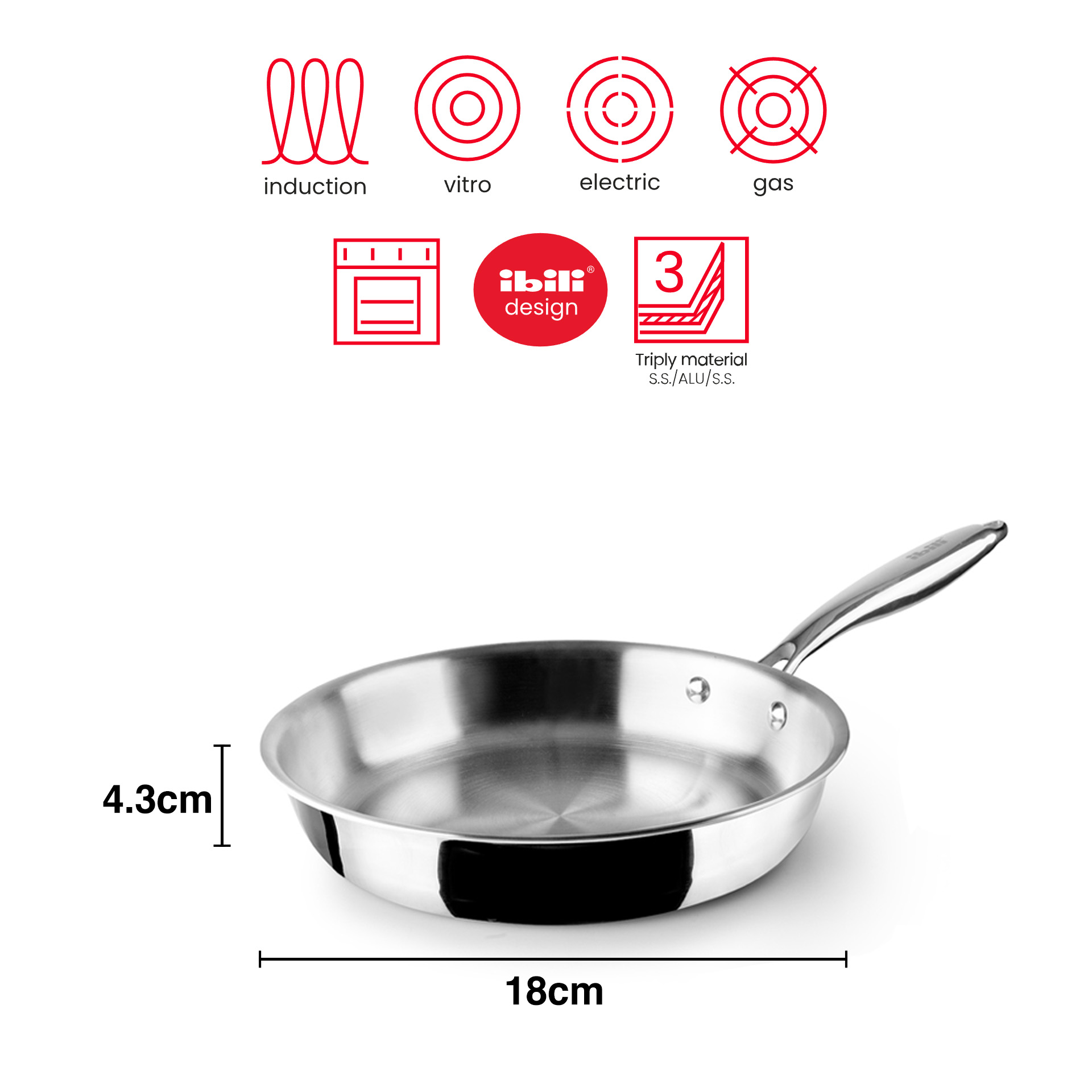 Frigideira Inox / Alumínio Triply com Cabo 18X4.3cm