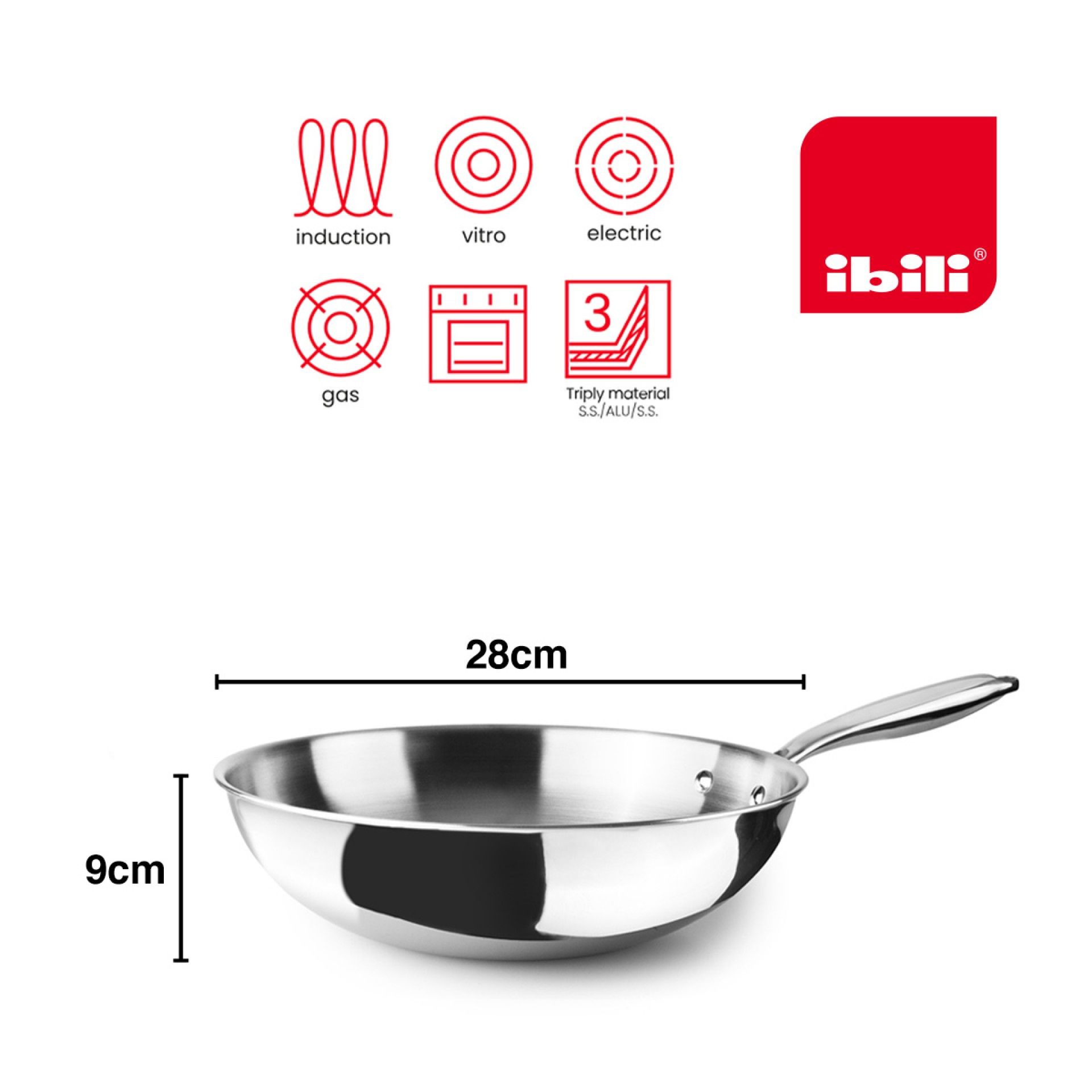 Wok Inox / Alumínio Triply com Cabo 28X9cm