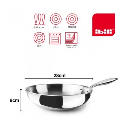 Wok Inox / Alumnio Triply com Cabo 28X9cm