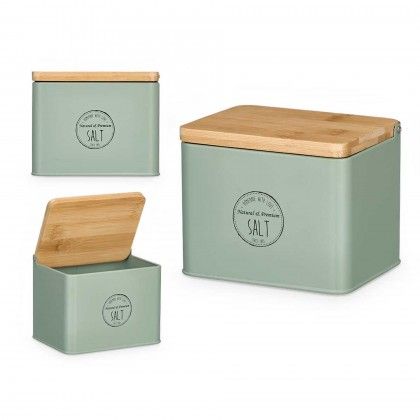 Saleiro Metal Tampa Bambu Verde 14X11X11cm