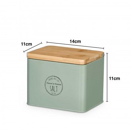 Saleiro Metal Tampa Bambu Verde 14X11X11cm