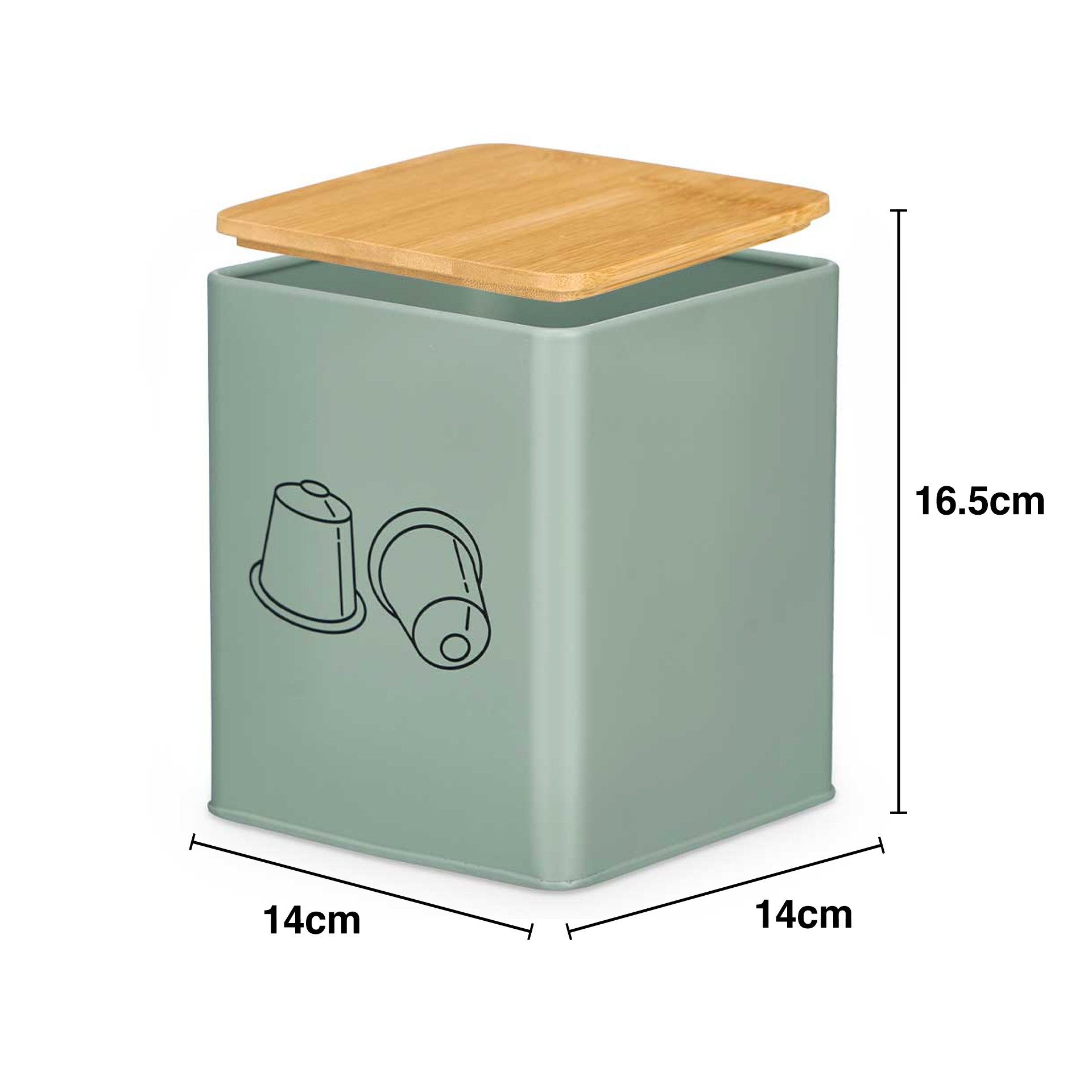 Caixa Cápsulas Café Metal Tampa Bambu Verde 14X14X16.5cm