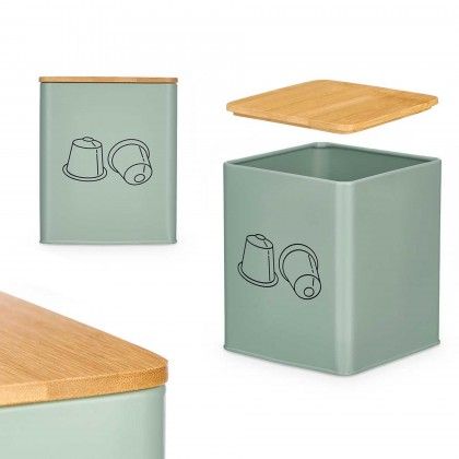 Caixa Cpsulas Caf Metal Tampa Bambu Verde 14X14X16.5cm