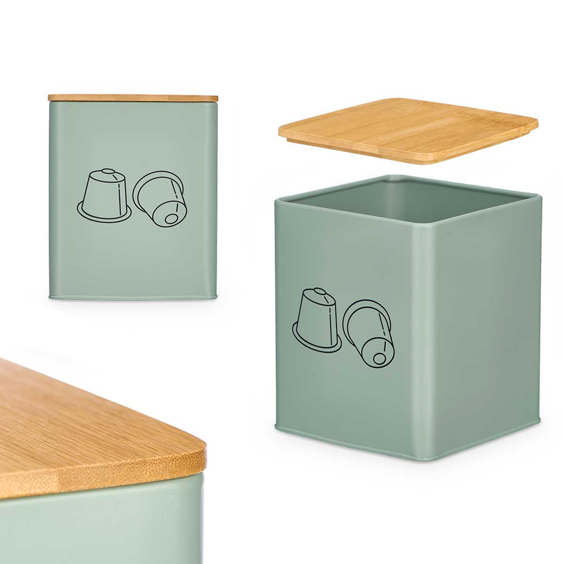 Caixa Cápsulas Café Metal Tampa Bambu Verde 14X14X16.5cm