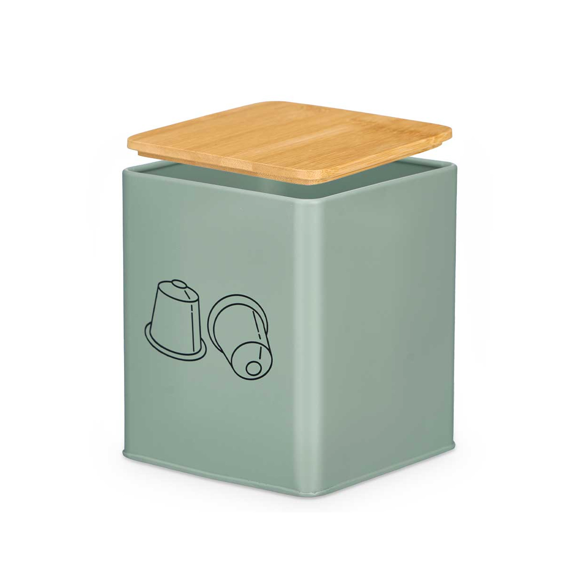 Caixa Cápsulas Café Metal Tampa Bambu Verde 14X14X16.5cm