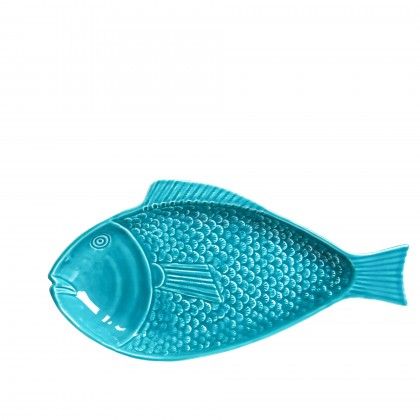 Travessa Peixe Cerâmica Azul Turquesa 44X23cm Travessa Peixe Cerâmica Azul Turquesa 44X23cm