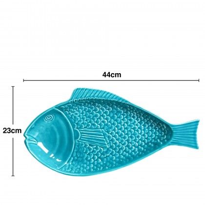 Travessa Peixe Cerâmica Azul Turquesa 44X23cm Travessa Peixe Cerâmica Azul Turquesa 44X23cm