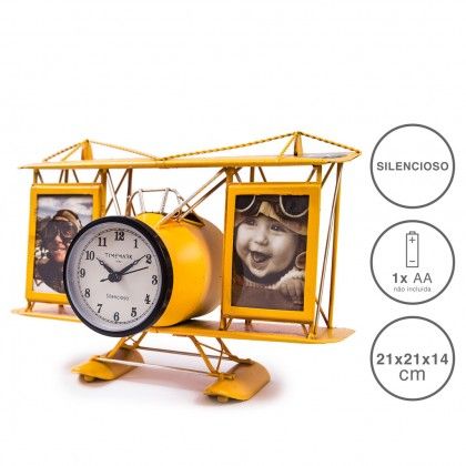 Rel�gio Avi�o Timemark Porta Fotos Pl�stico Amarelo 21X21X14cm