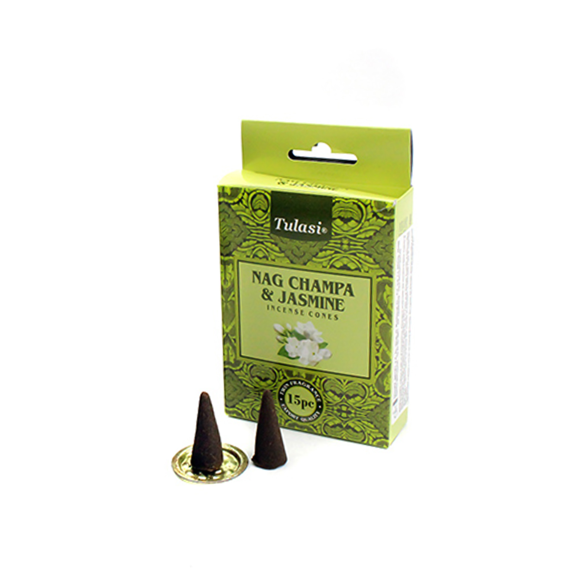 Cone Incenso Tulasi com Base Jasmim Pack 15