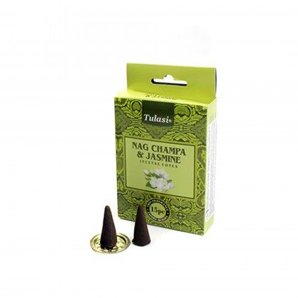 Cone Incenso Tulasi com Base Jasmim Pack 15