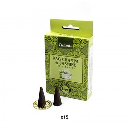 Cone Incenso Tulasi com Base Jasmim Pack 15