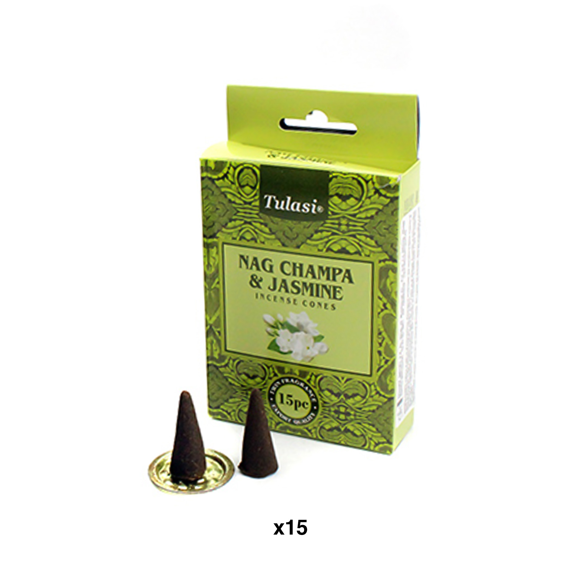 Cone Incenso Tulasi com Base Jasmim Pack 15
