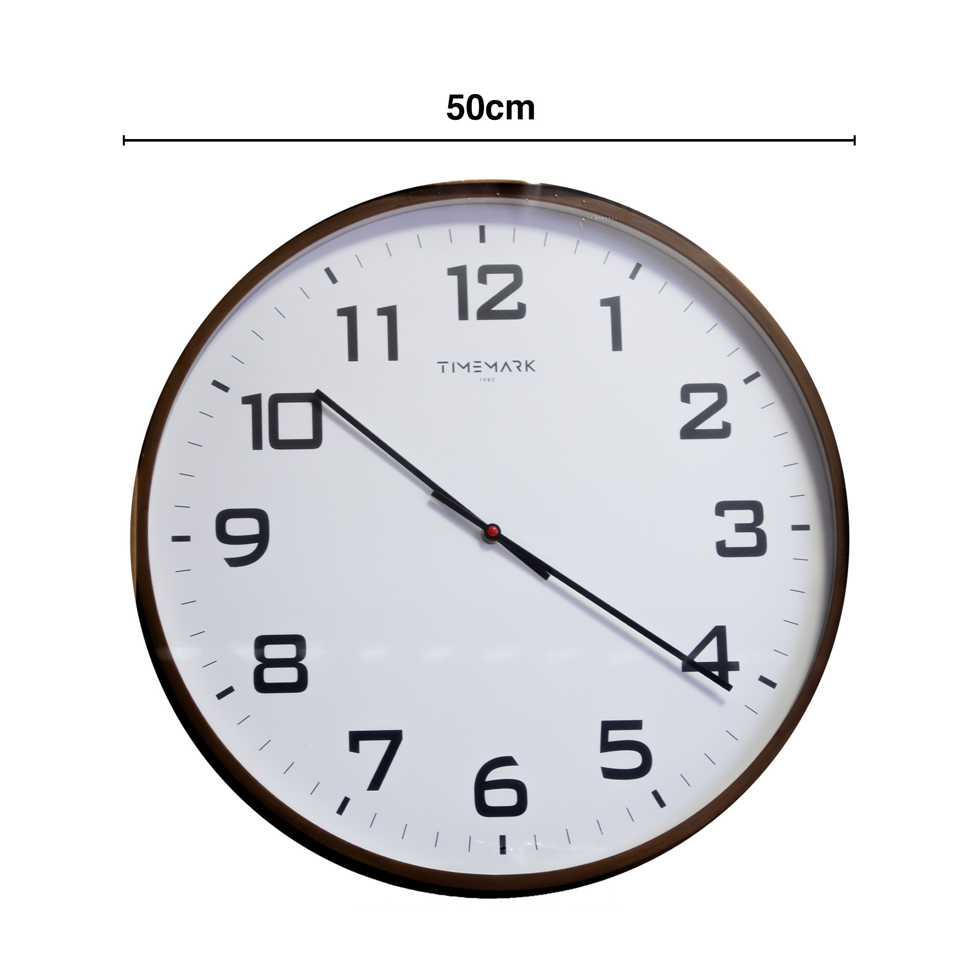 Relógio Parede Timemark Redondo Branco Borda Castanha 50cm