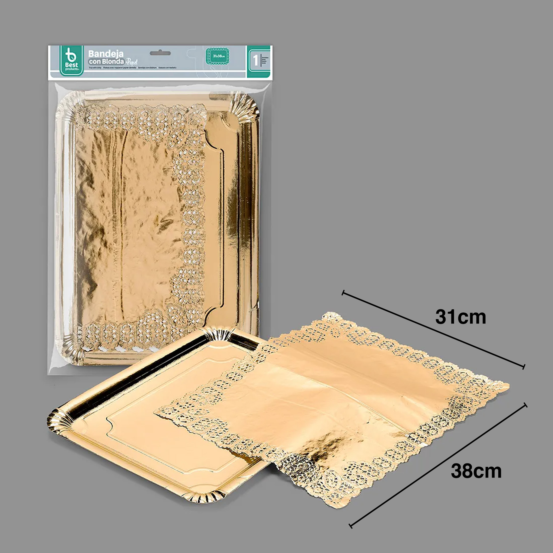 Naperon Papel com Bandeja Retangular Dourado 31X38cm