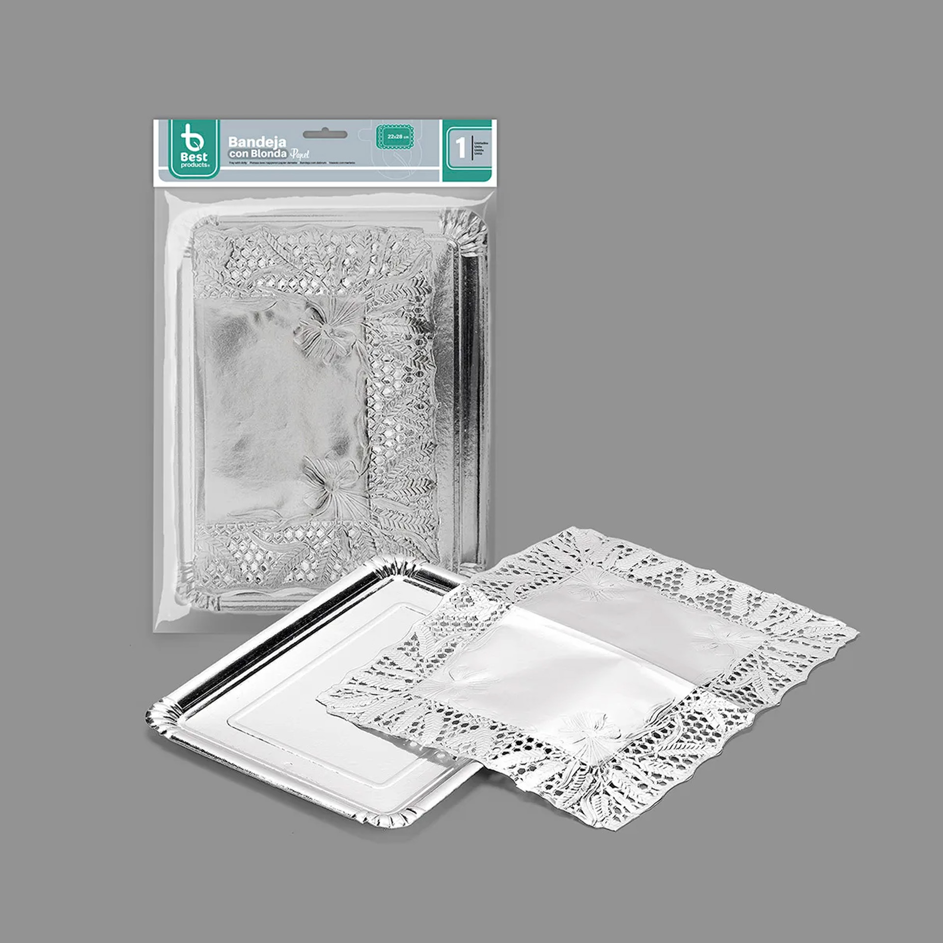 Naperon Papel com Bandeja Retangular Prateado 22X28cm