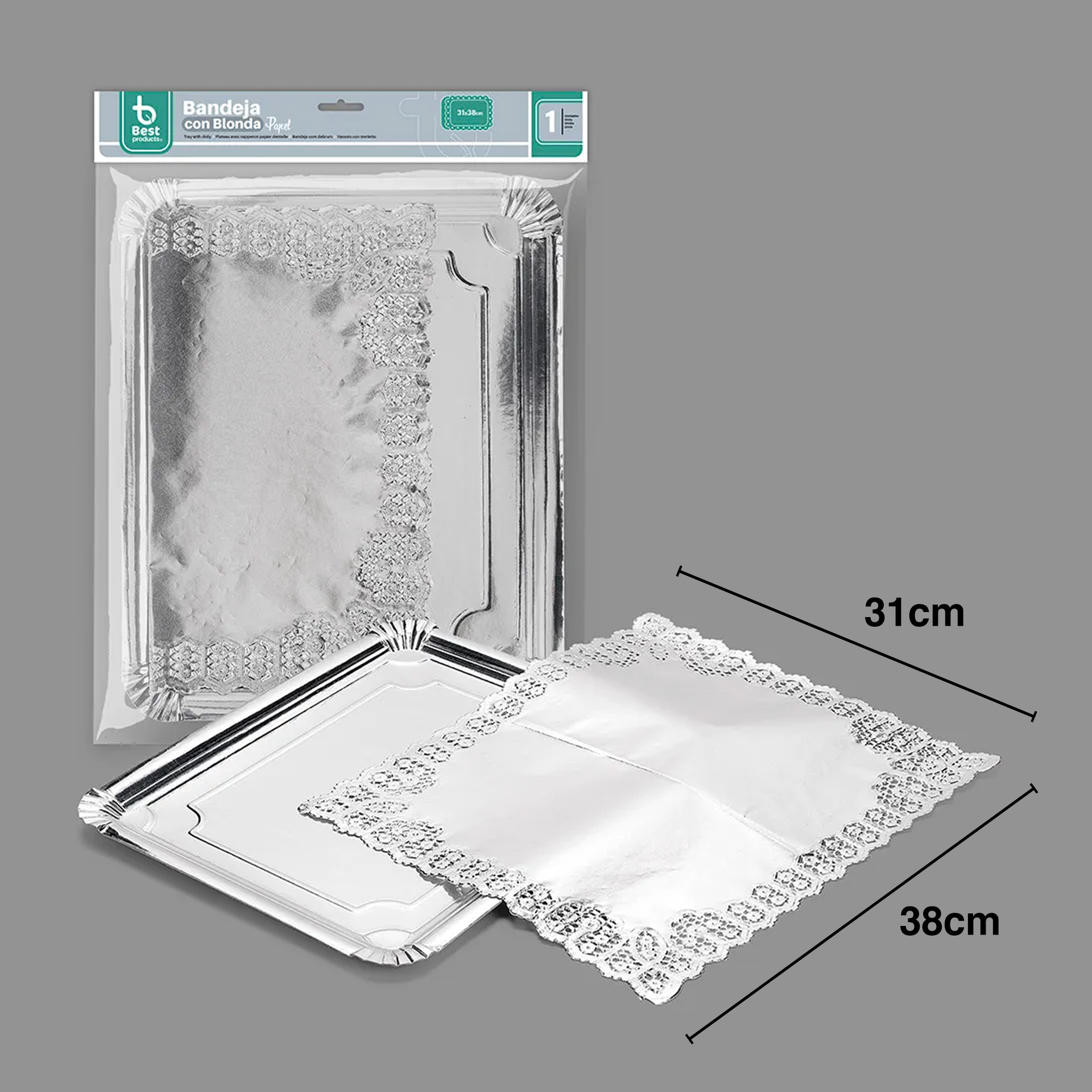 Naperon Papel com Bandeja Retangular Prateado 31X38cm
