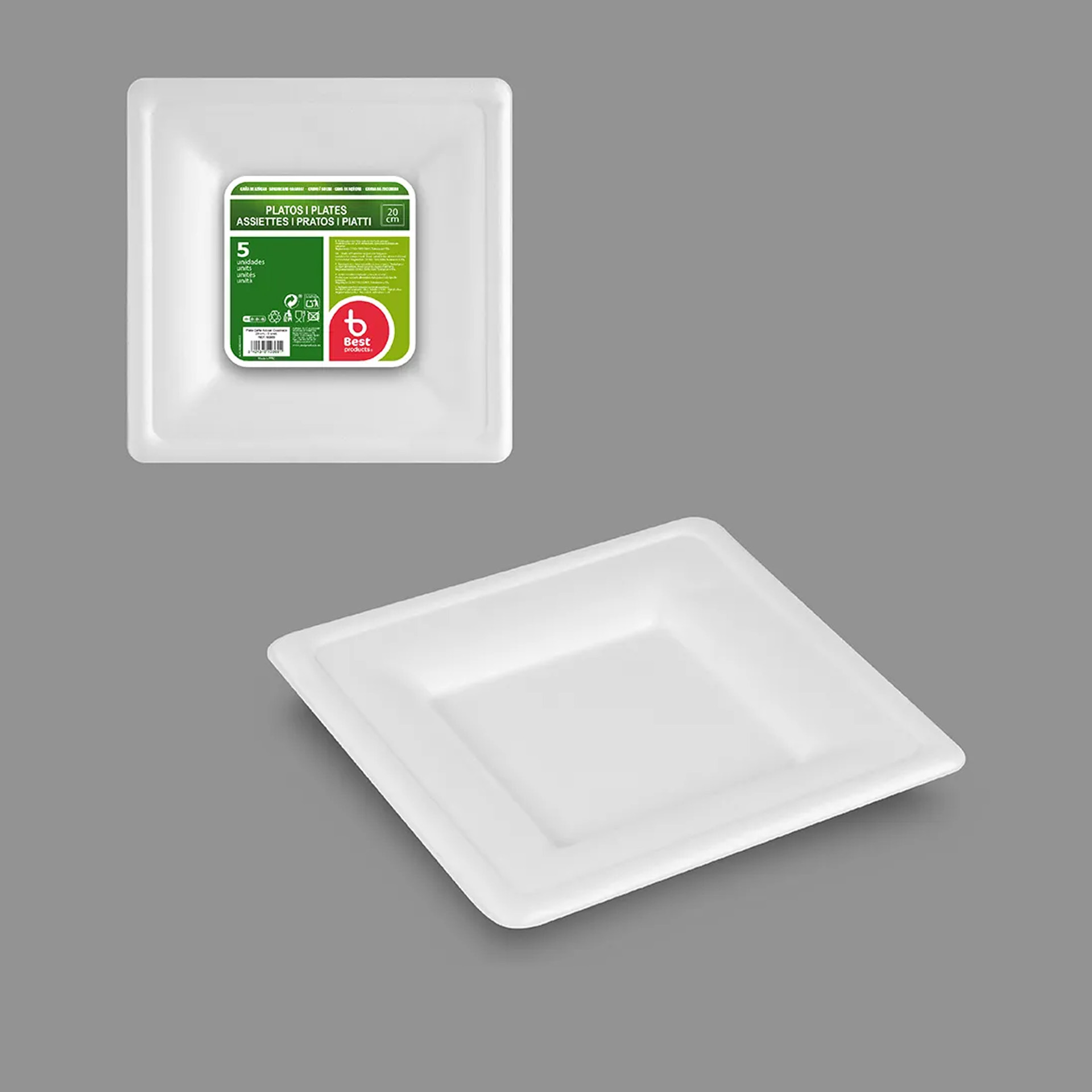 Prato Biodegradável Cana Açucar Quadrado 20X20cm Pack 5