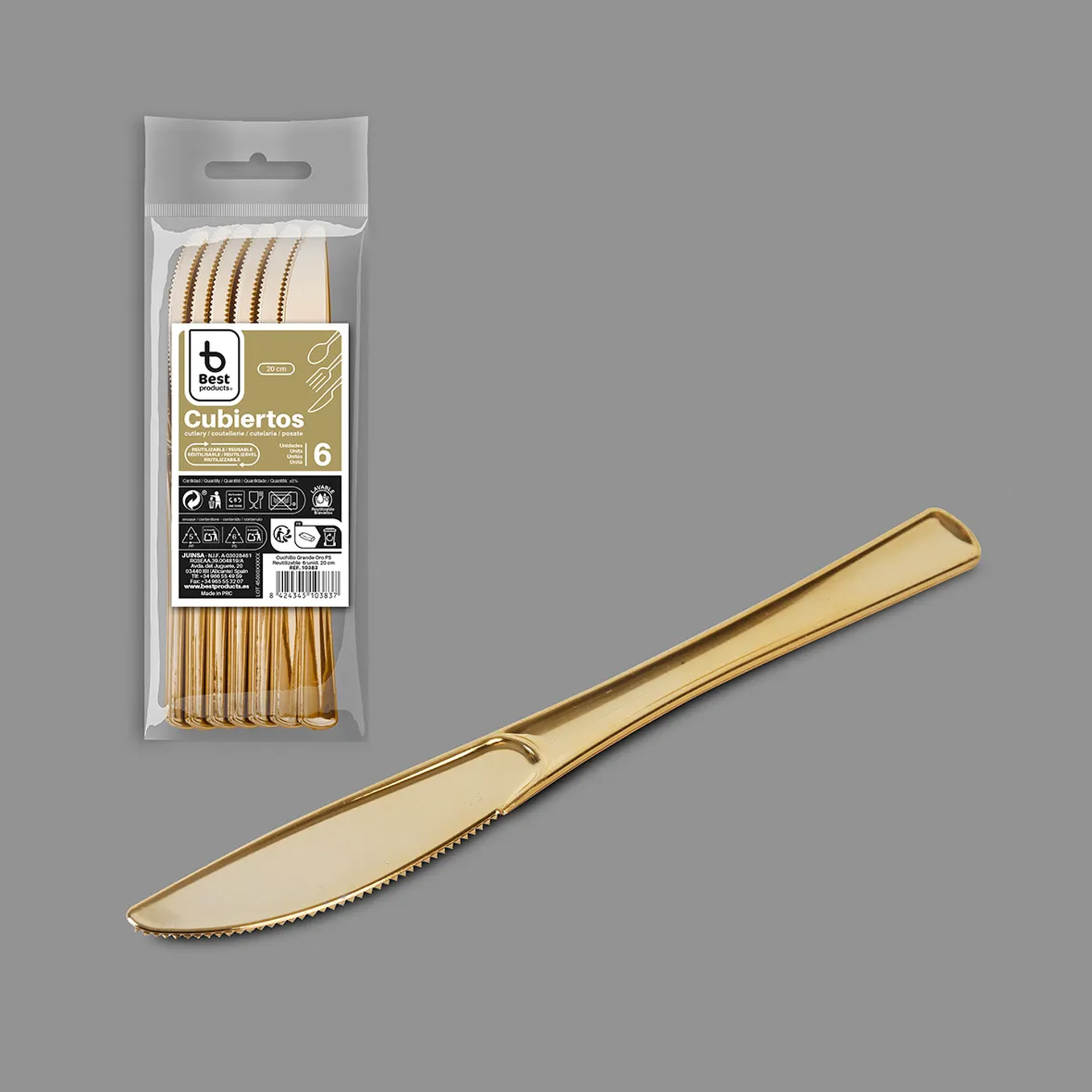 Faca Plástico Reutilizável Dourado 20cm Pack 6