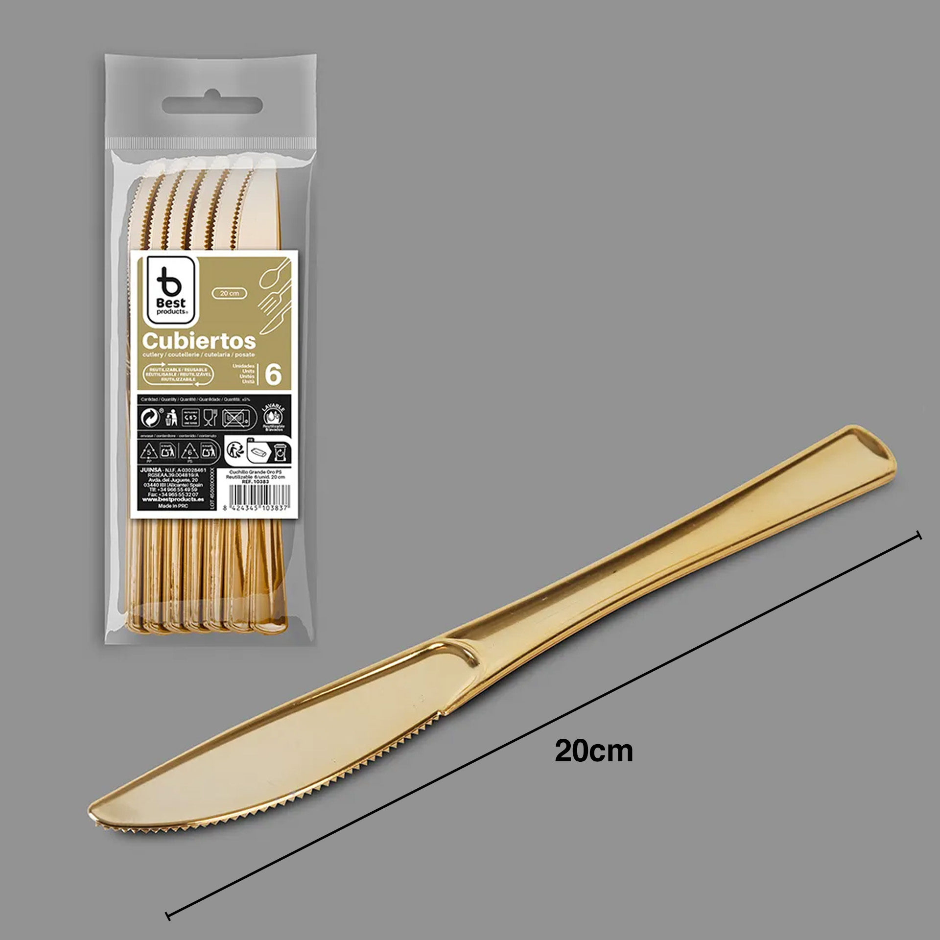 Faca Plástico Reutilizável Dourado 20cm Pack 6