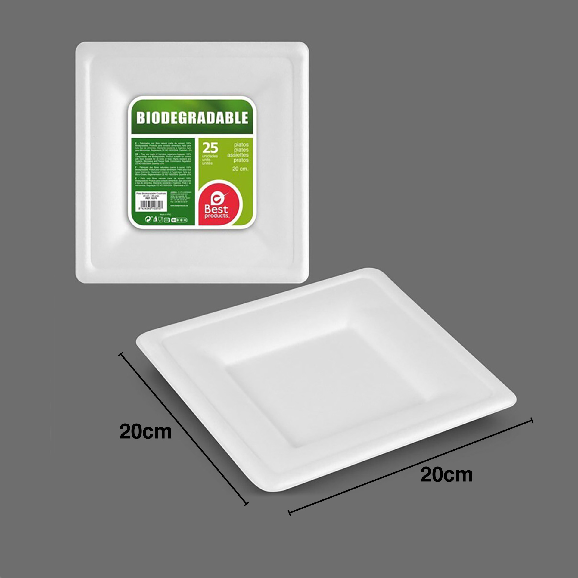 Prato Biodegradável Cana Açucar Quadrado 20X20cm Pack 25