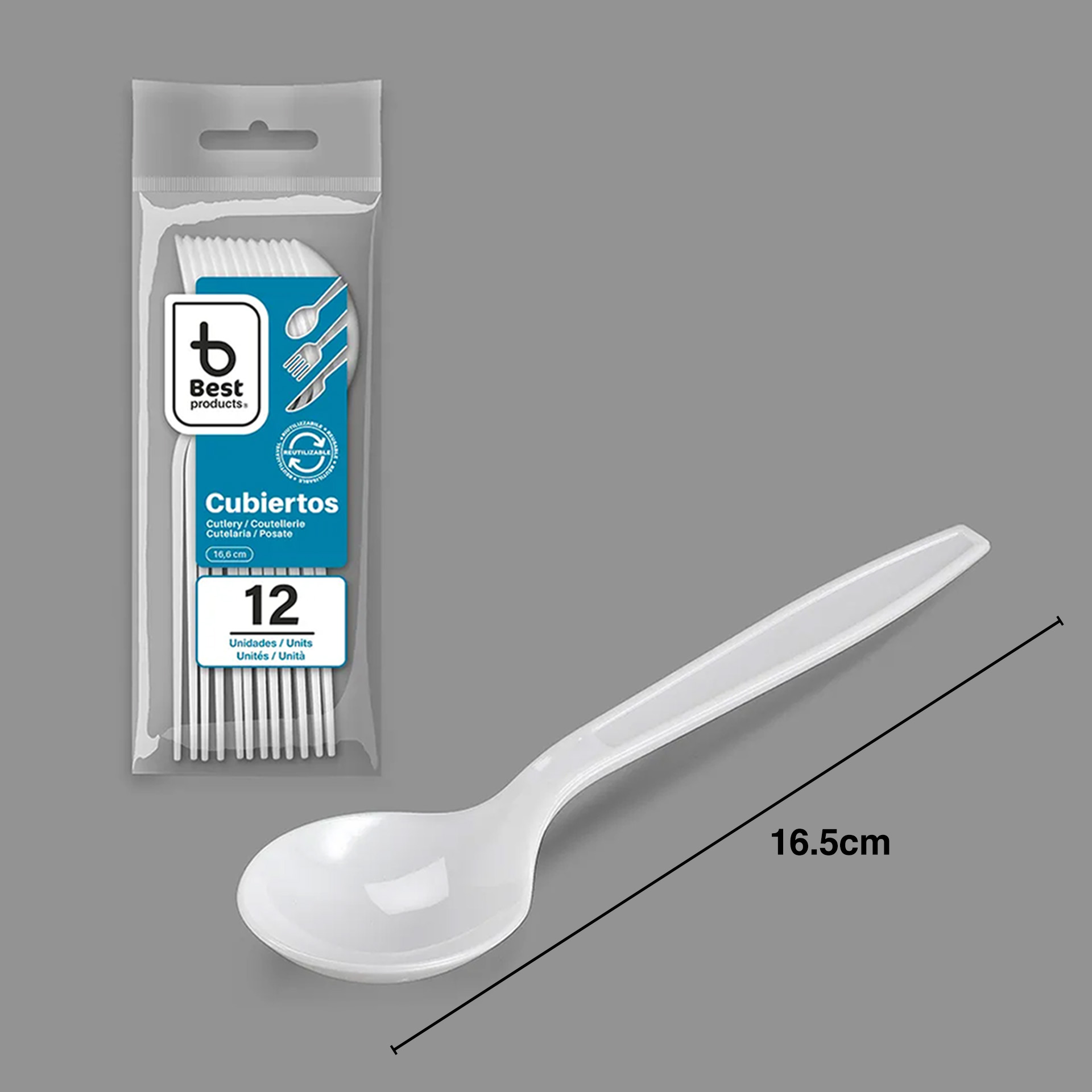 Colher Plástico Reutilizável Branco 16.6cm Pack 12
