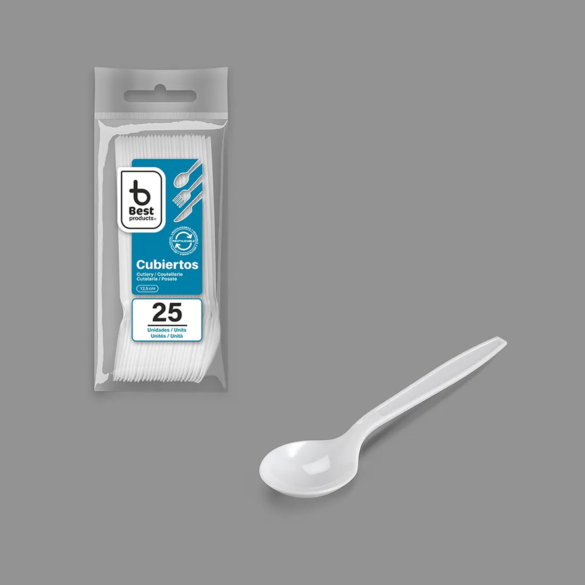 Colher Plástico Reutilizável Branco 12.5cm Pack 25