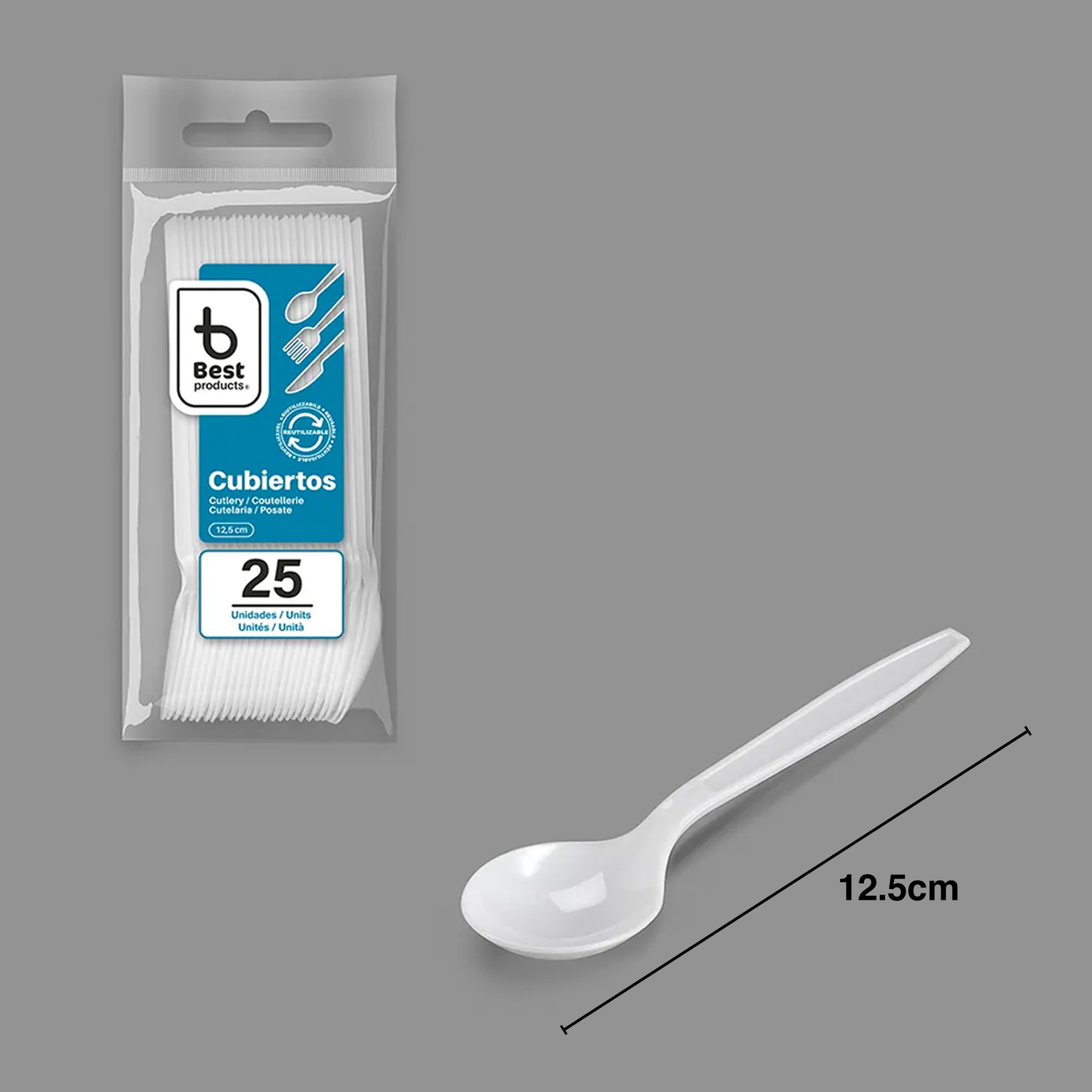 Colher Plástico Reutilizável Branco 12.5cm Pack 25