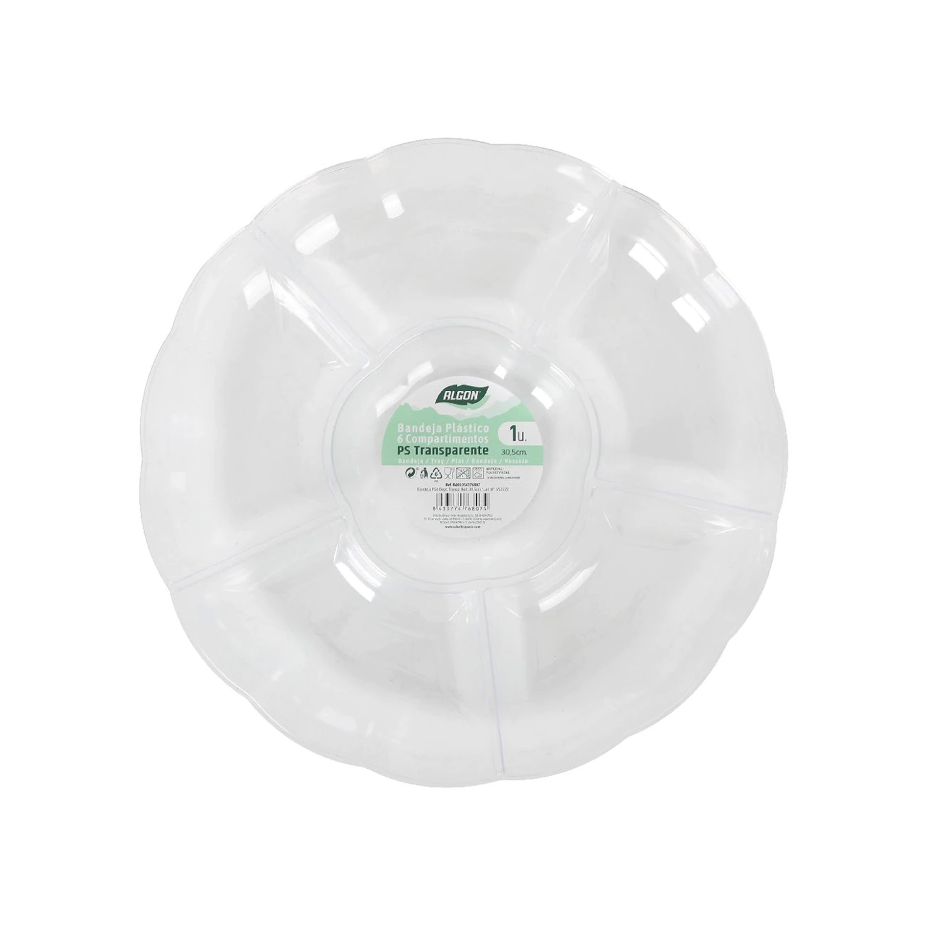 Bandeja Plástico Reutilizável 6 Divisões Redondo 30.5cm
