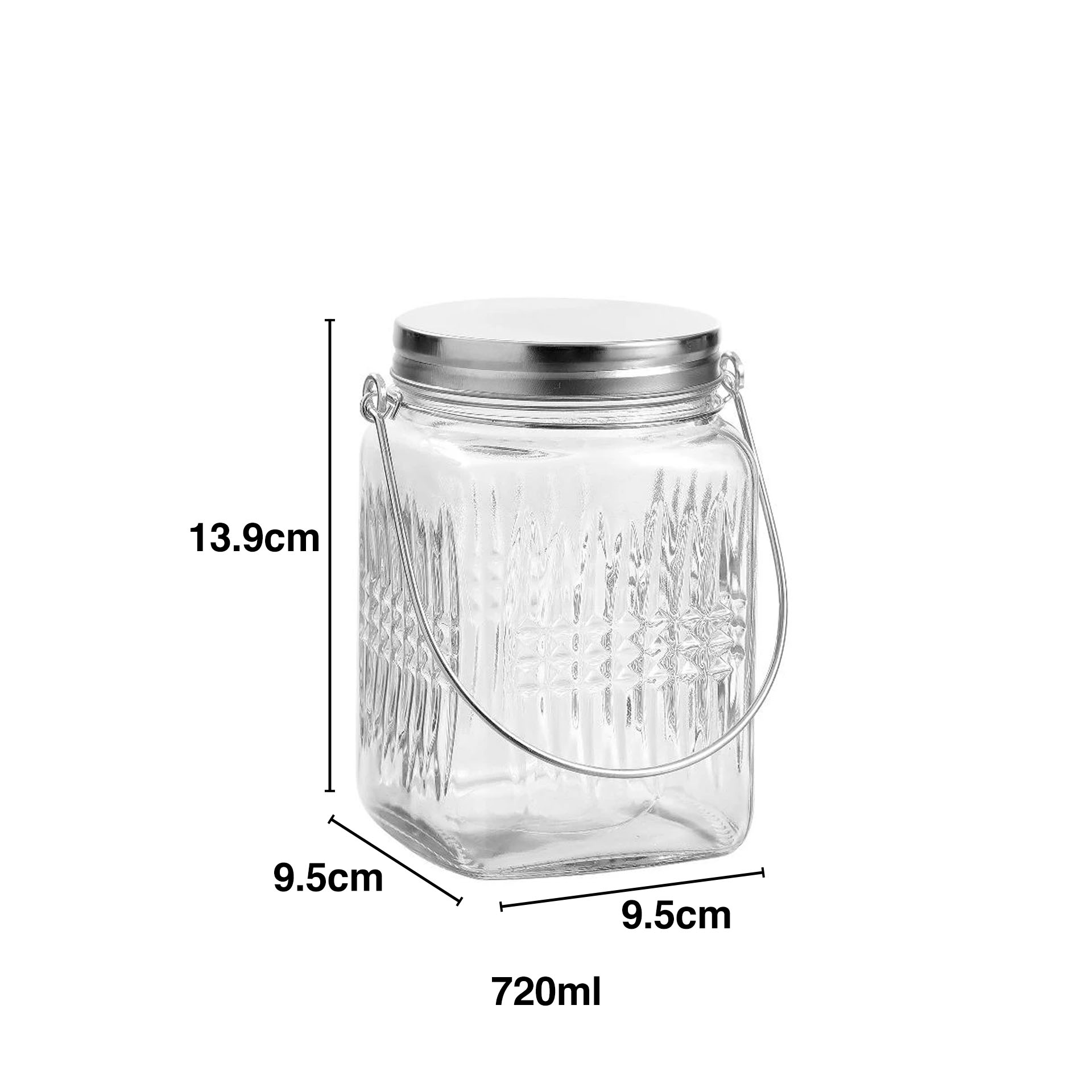 Frasco Vidro com Tampa / Asa Metal 720ml 9.5X9.5X13.9cm