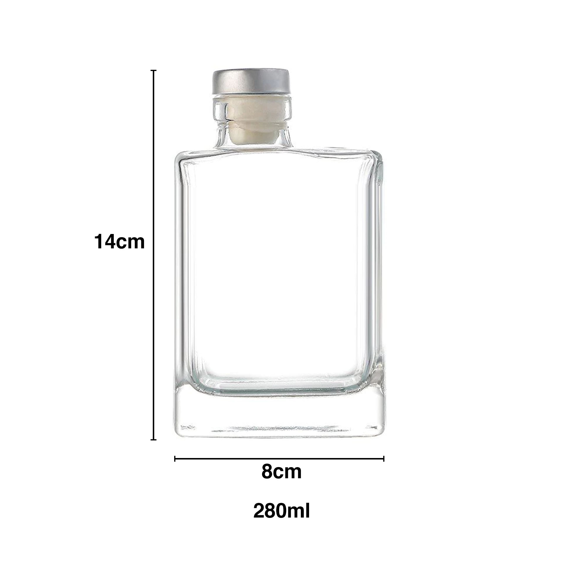 Garrafa Vidro Tampa Metal Retangular 280ml 8X5.2X14cm