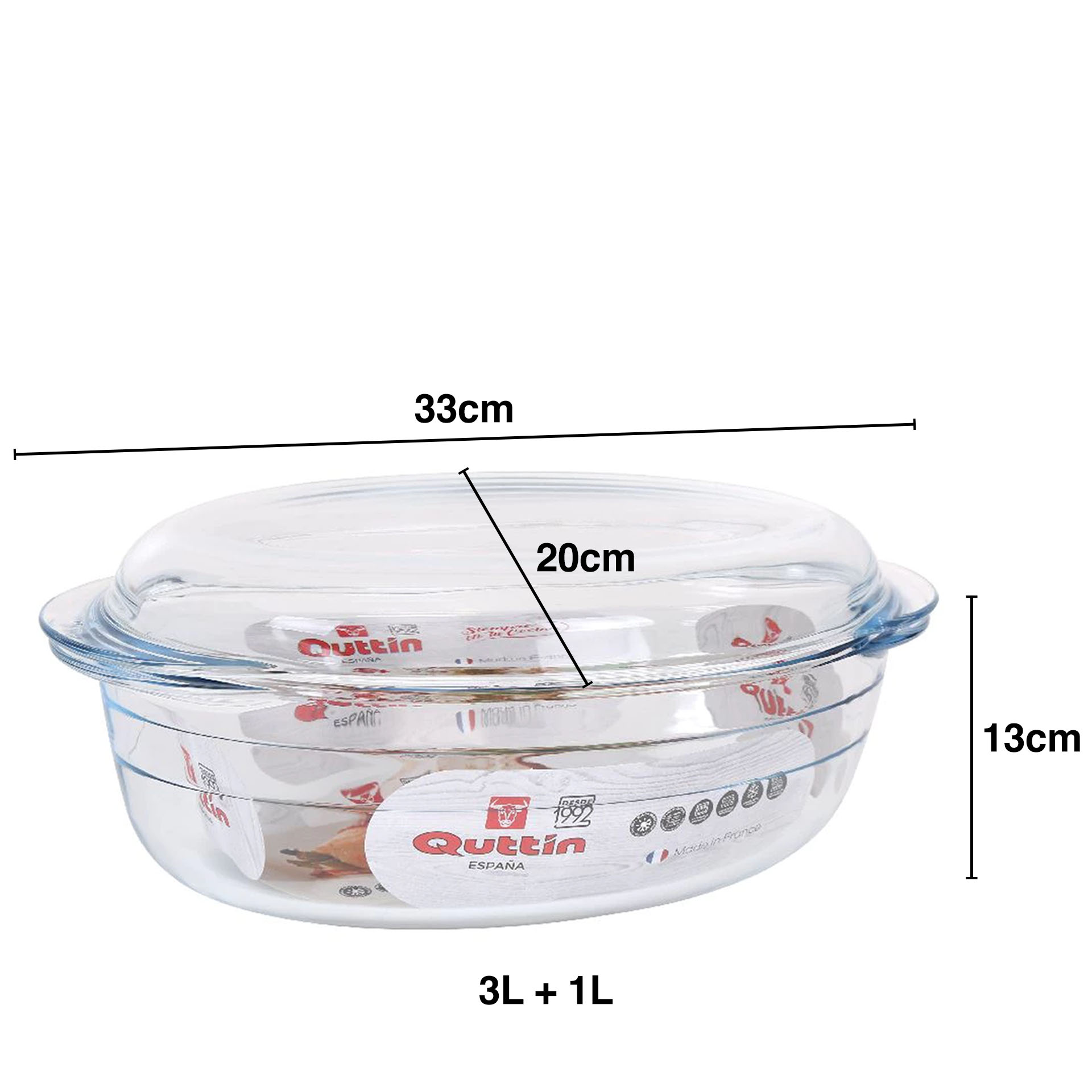 Caçarola Vidro com Tampa Quttin 3+1L 33X20X13cm