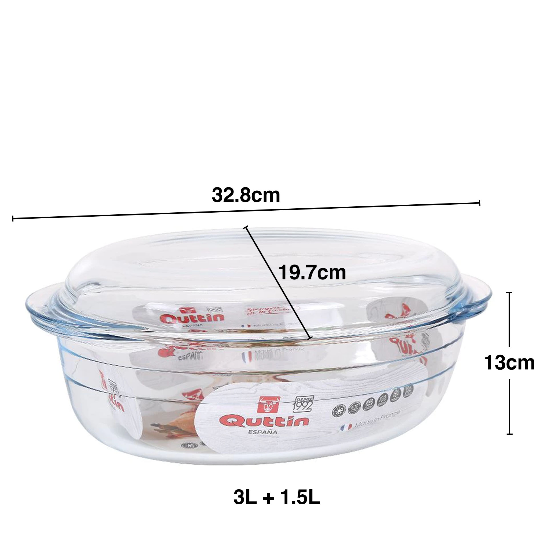 Caçarola Vidro com Tampa Quttin 3+1.5L 32.8X19.7X13cm