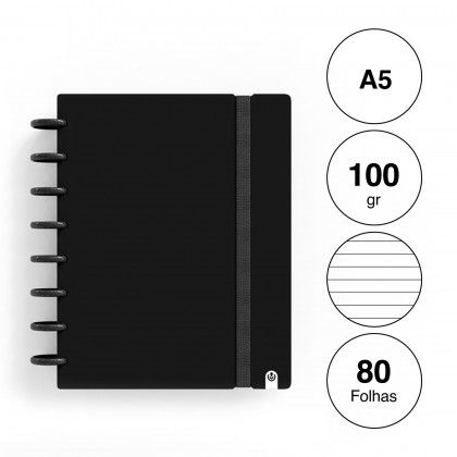 Caderno Ingeniox Pautado A5 Cor S�lida Preto 80F 100gr