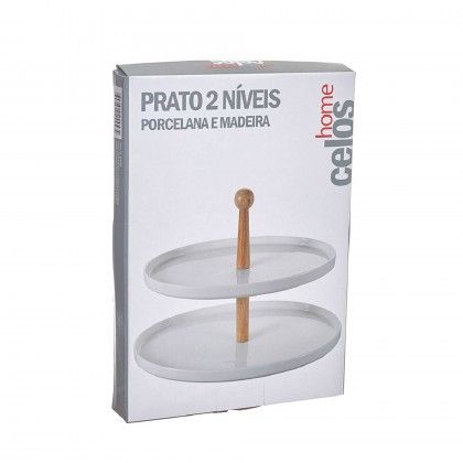 Prato Porcelana 2 N�veis com Pega Madeira 36.5X26.5cm