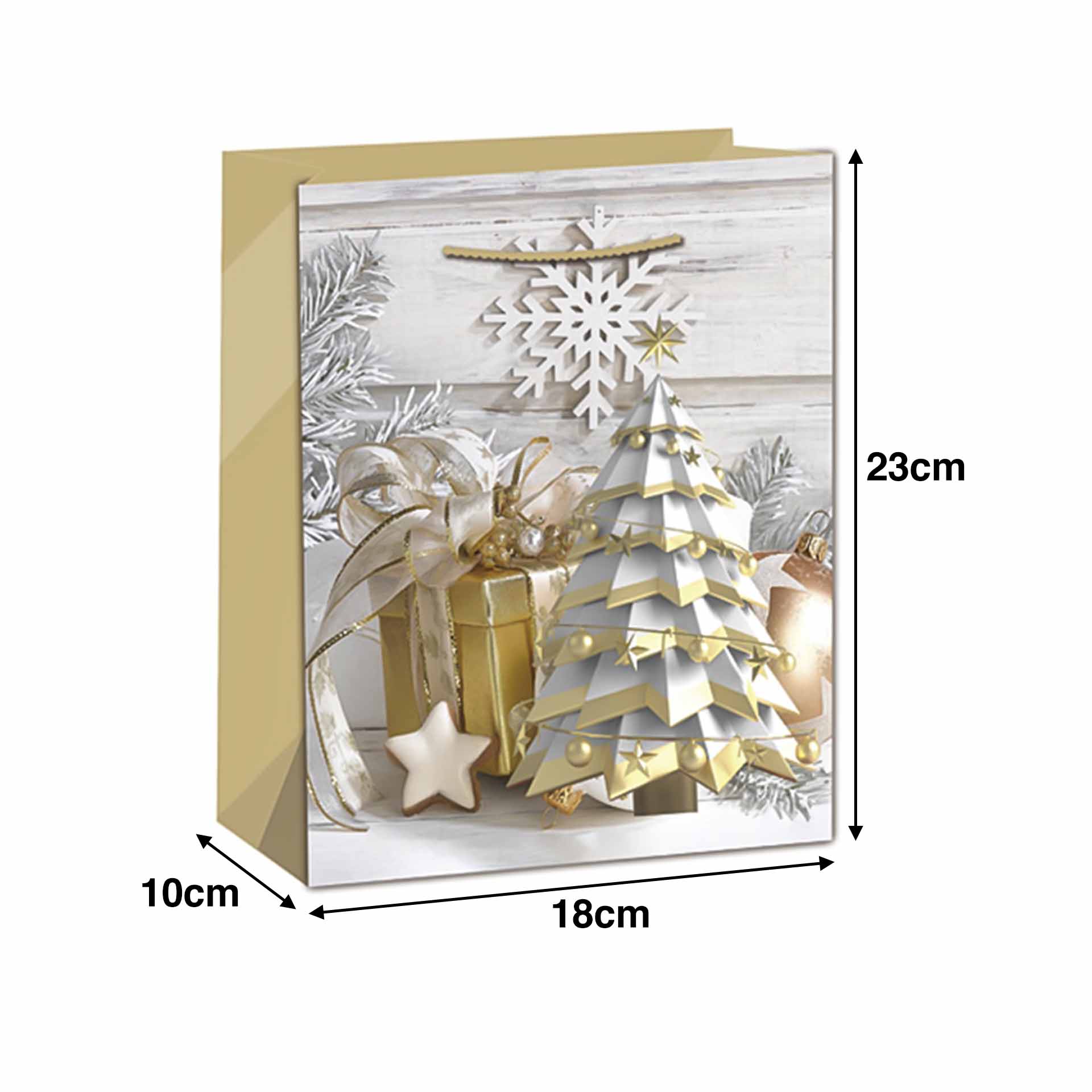 Saco Papel Asa Retorcida Natal Arvore Dourado 18X10X23cm