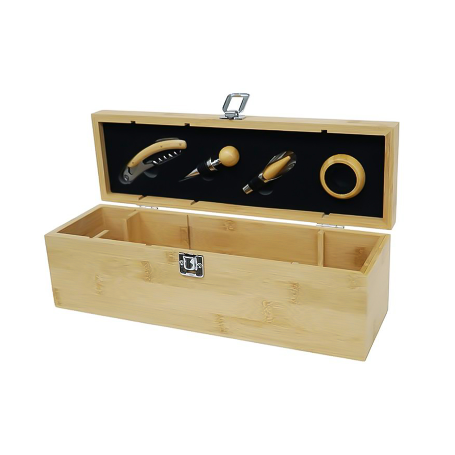 Caixa Madeira + Acessórios Vinho 4 Peças 36X11X12.5cm