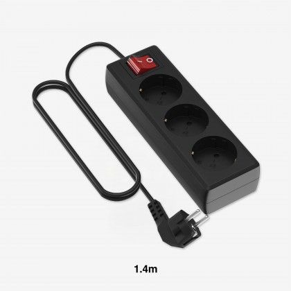 Extensão Fio com Interruptor 3 Tomadas Preto 1.4mX1.5mm Extensão Fio com Interruptor 3 Tomadas Preto 1.4mX1.5mm