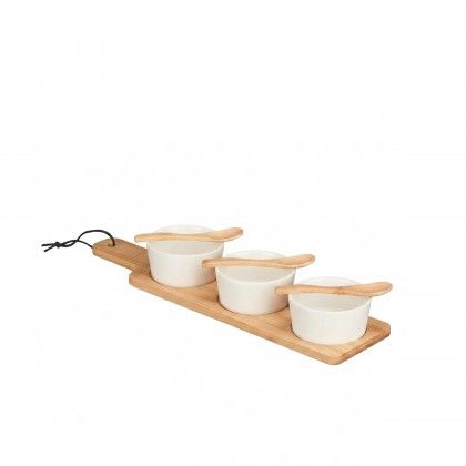 Bandeja Bambu + 3 Ta�as Ceramica Branca Com Colher