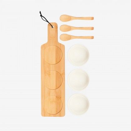 Bandeja Bambu + 3 Ta�as Ceramica Branca Com Colher