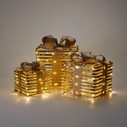 Presente Natal Dourado com Led M�dio 23cm